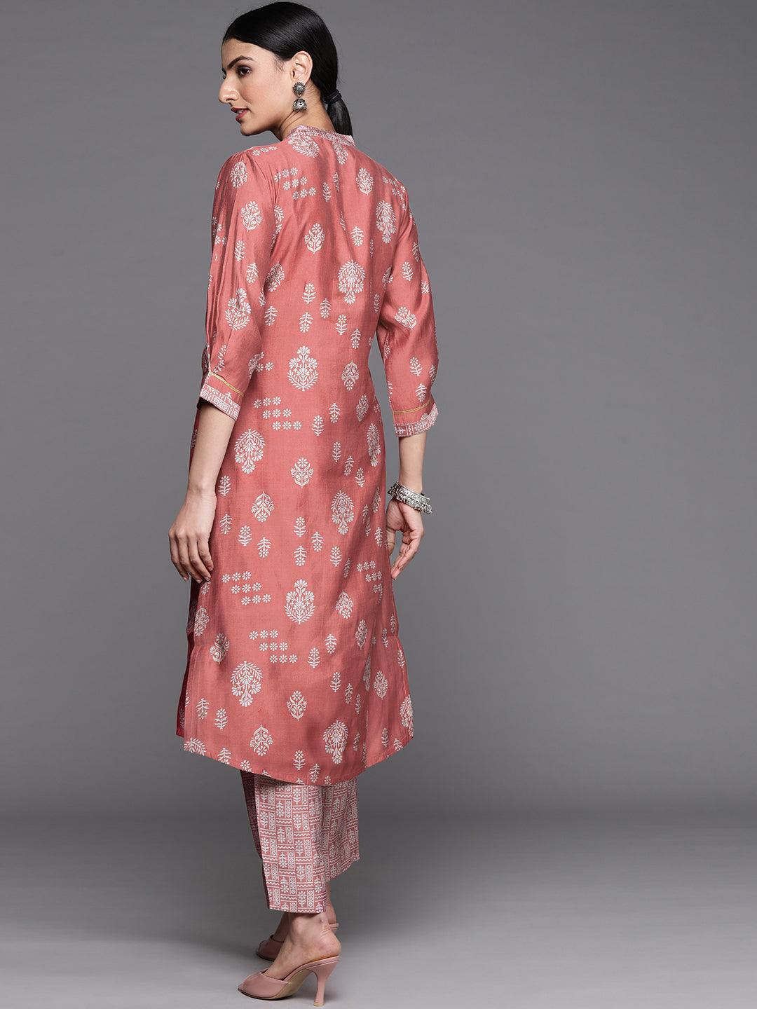 Pink Printed Chanderi Silk Kurta - ShopLibas