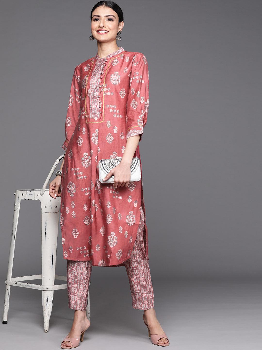 Pink Printed Chanderi Silk Kurta - ShopLibas