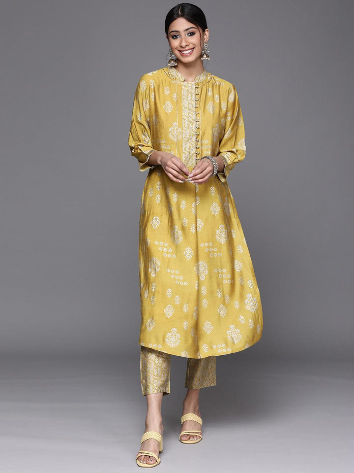 Mustard Printed Chanderi Silk Kurta - ShopLibas