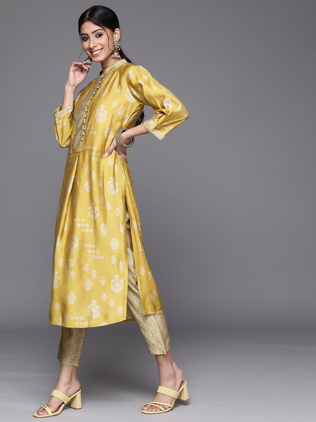 Mustard Printed Chanderi Silk Kurta - ShopLibas