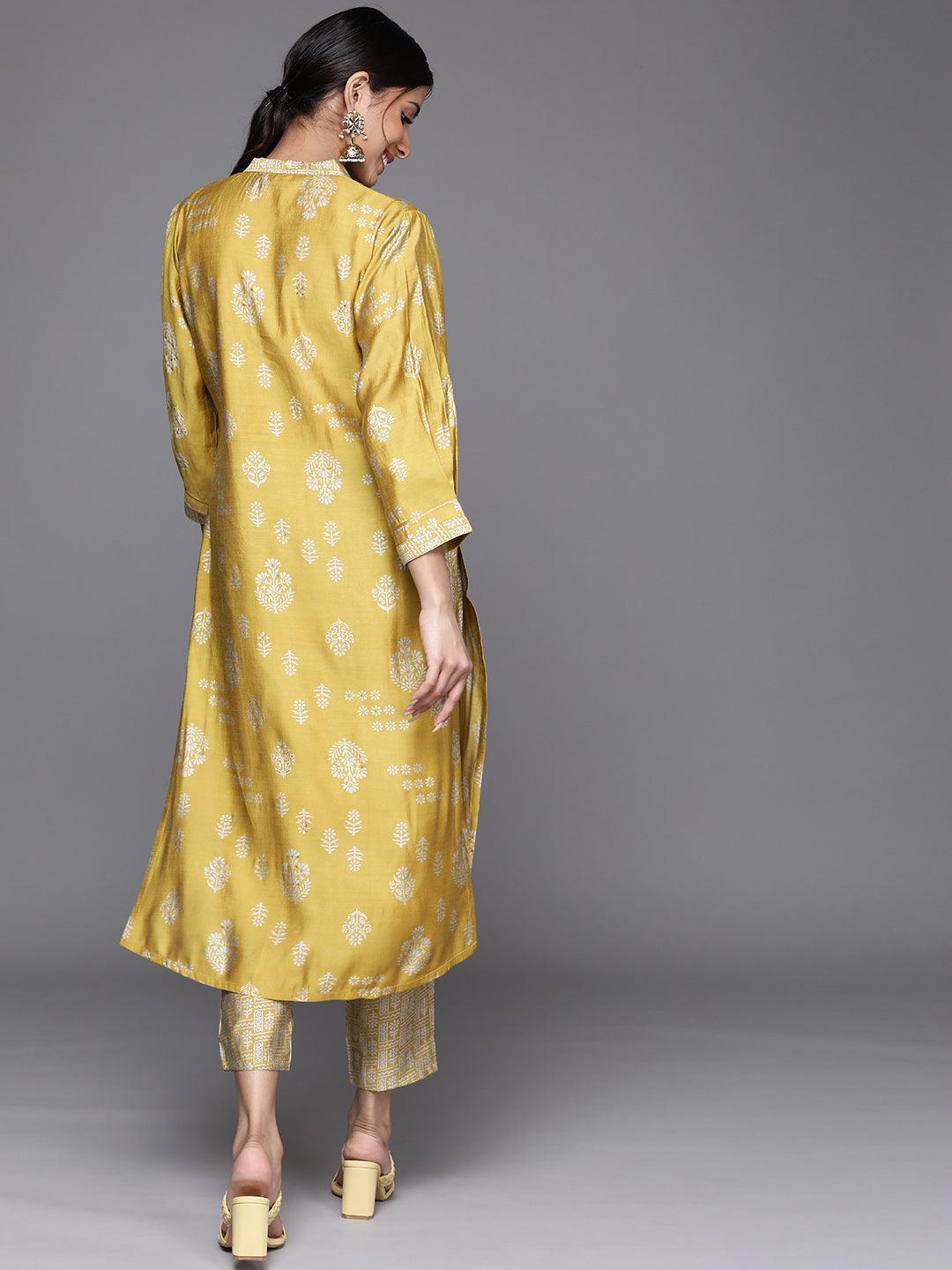 Mustard Printed Chanderi Silk Kurta - ShopLibas