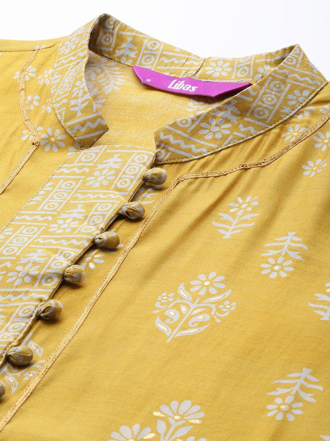 Mustard Printed Chanderi Silk Kurta - ShopLibas