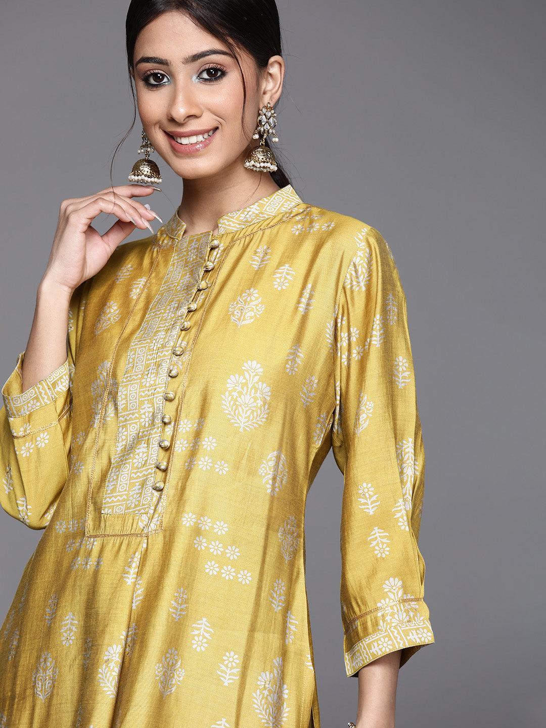 Mustard Printed Chanderi Silk Kurta - ShopLibas