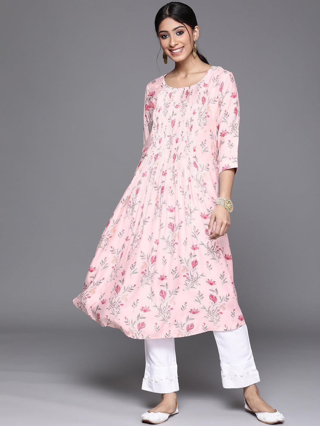 Pink Printed Chanderi Silk Kurta