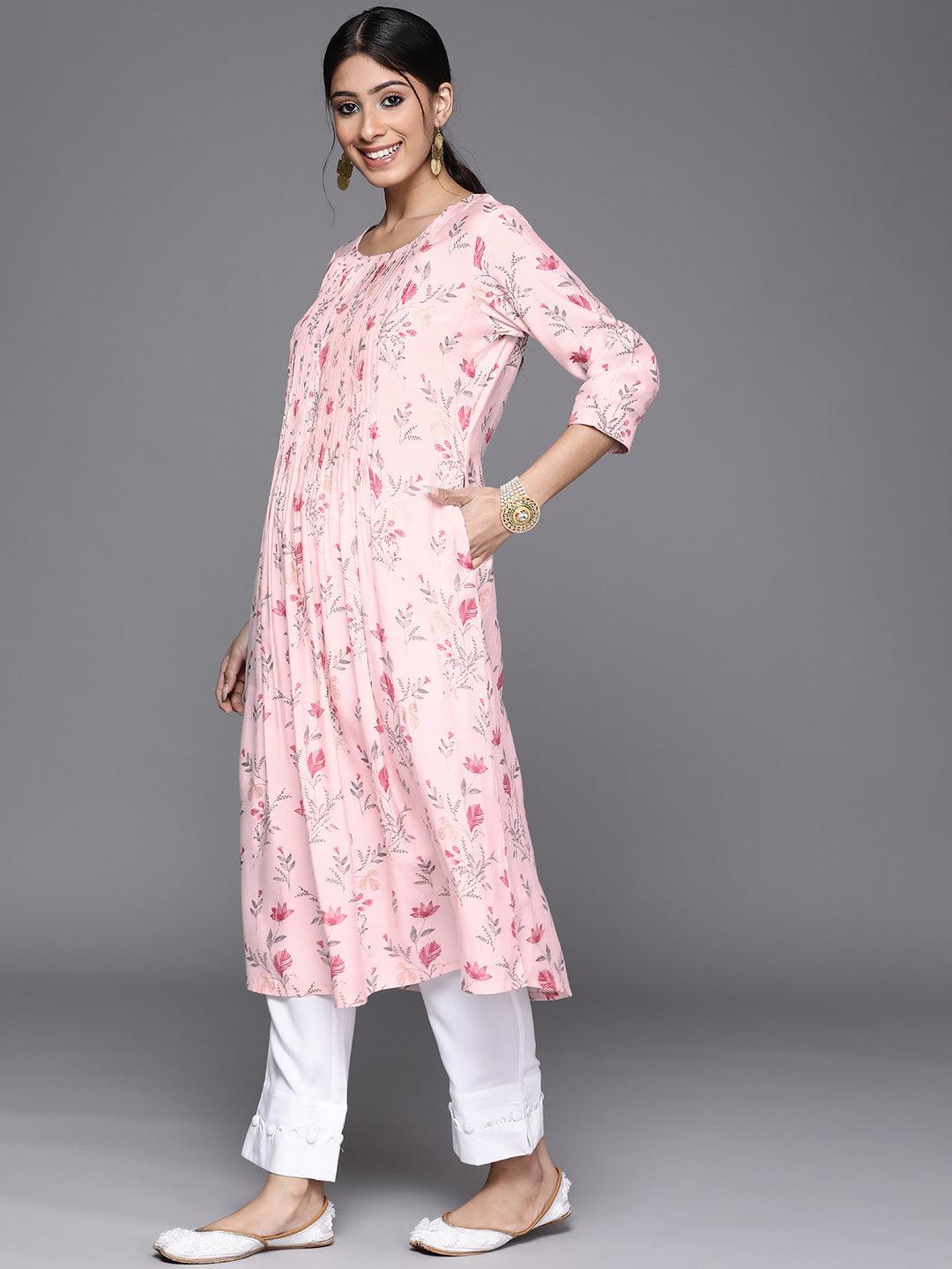 Pink Printed Chanderi Silk Kurta