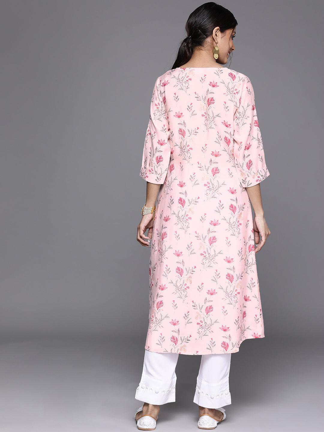 Pink Printed Chanderi Silk Kurta - ShopLibas