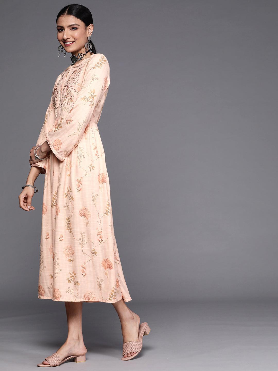 Peach Printed Viscose Rayon Dress