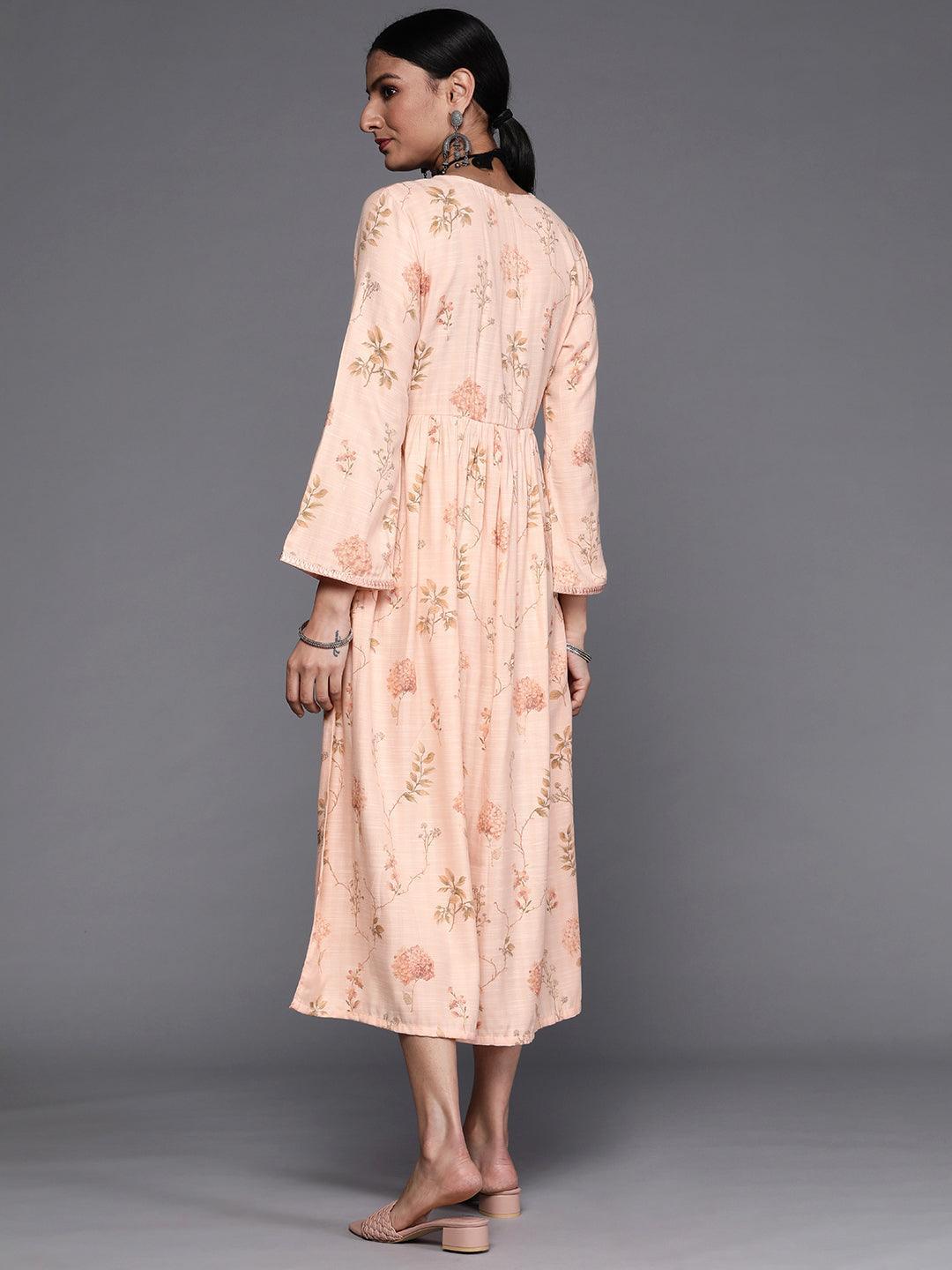 Peach Printed Viscose Rayon Dress