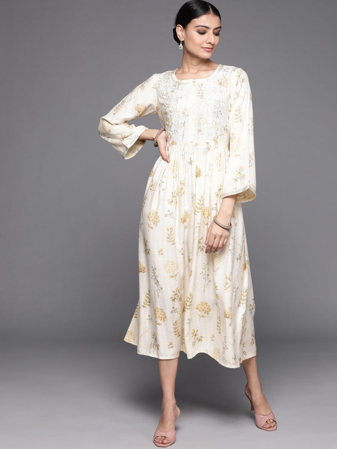 Cream Printed Viscose Rayon Dress