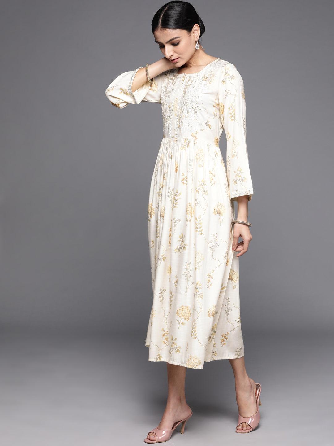 Cream Printed Viscose Rayon Dress