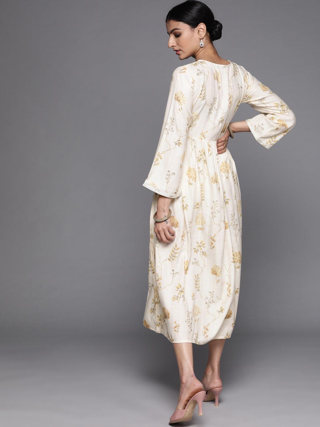 Cream Printed Viscose Rayon Dress