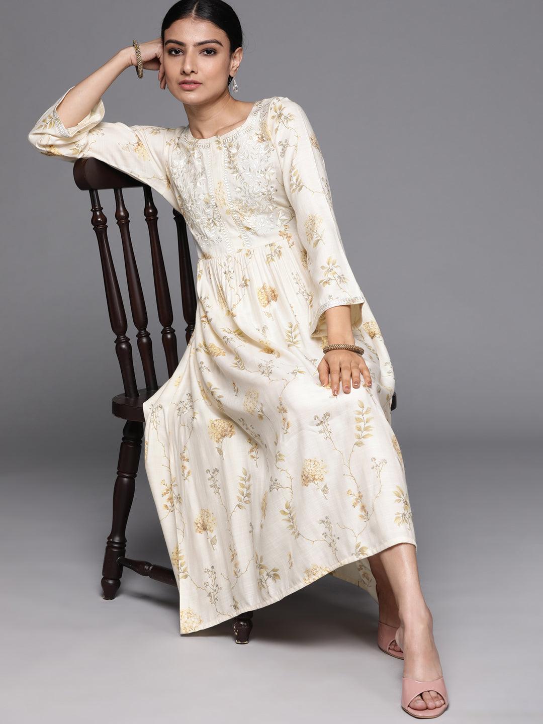 Cream Printed Viscose Rayon Dress