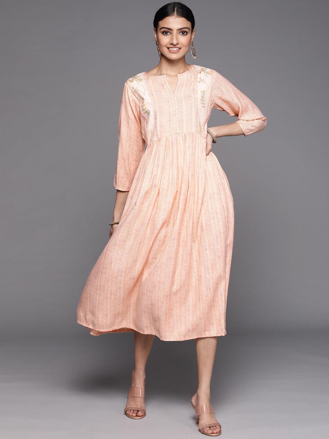 Peach Printed Viscose Rayon Dress