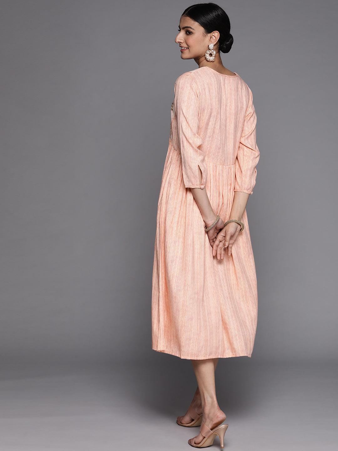 Peach Printed Viscose Rayon Dress