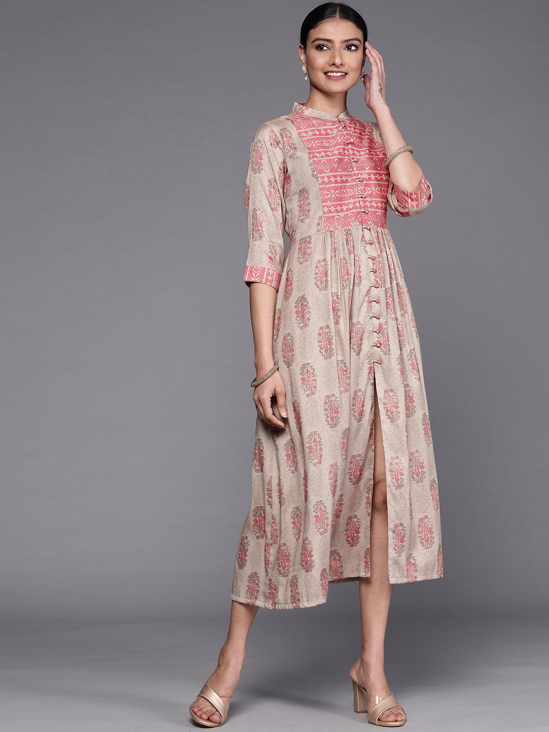 Taupe Printed Rayon Dress