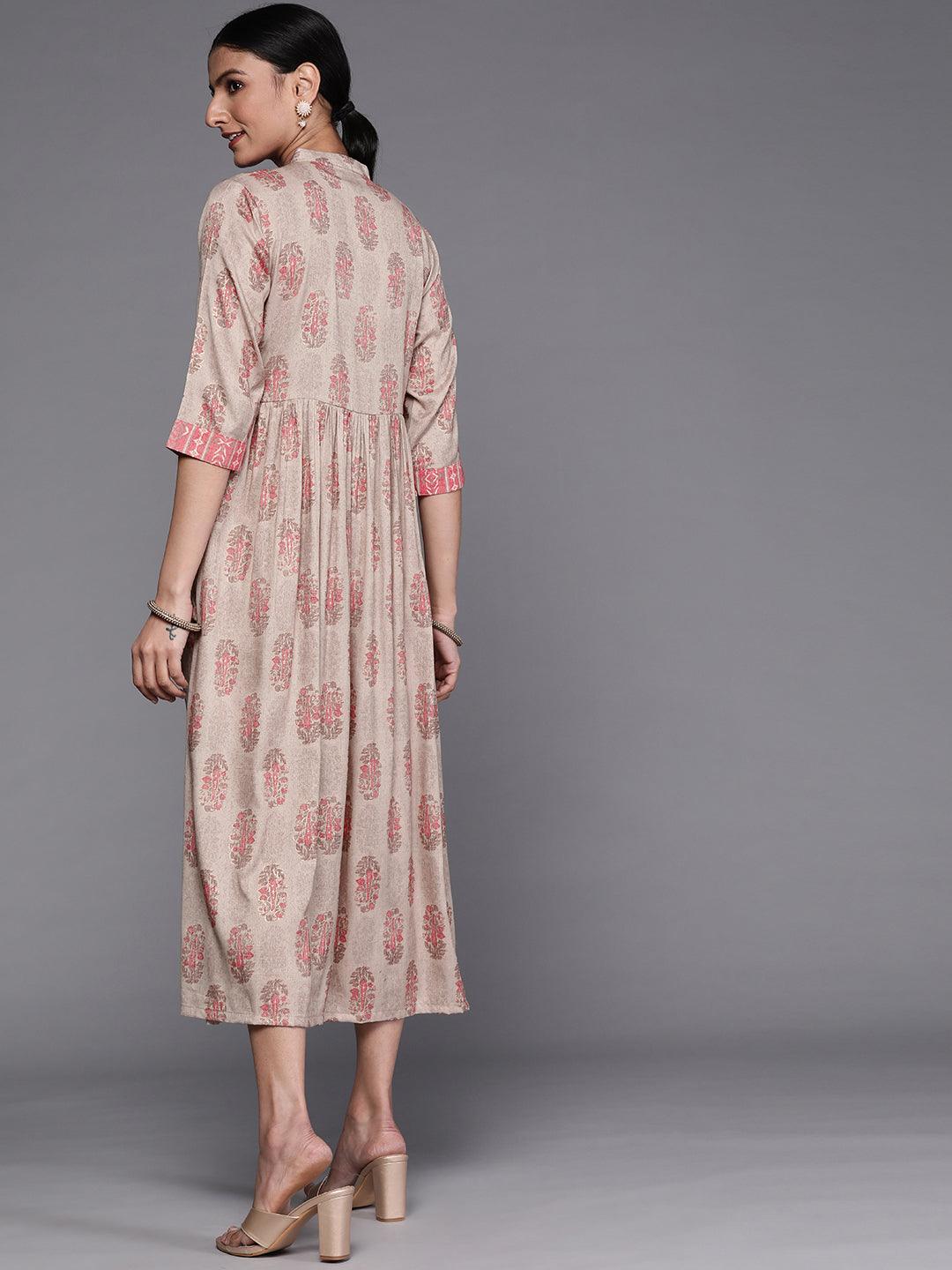 Taupe Printed Rayon Dress