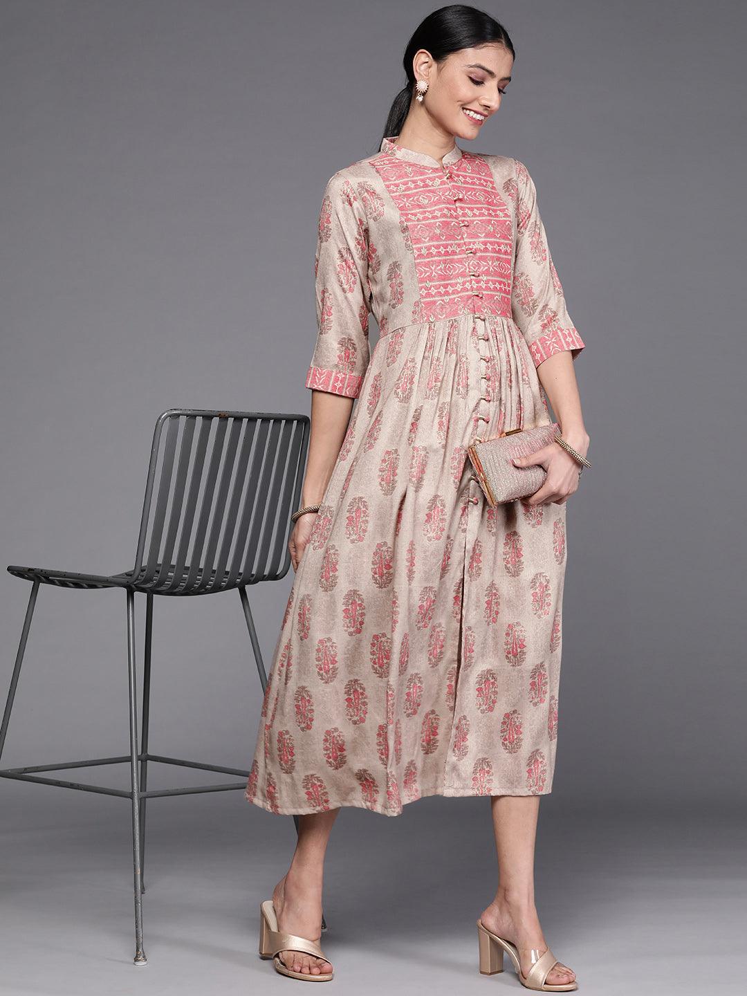 Taupe Printed Rayon Dress