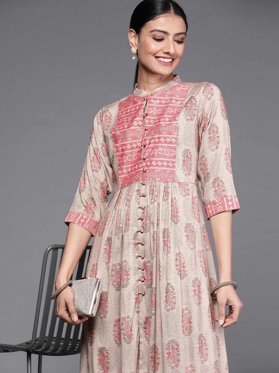 Taupe Printed Rayon Dress