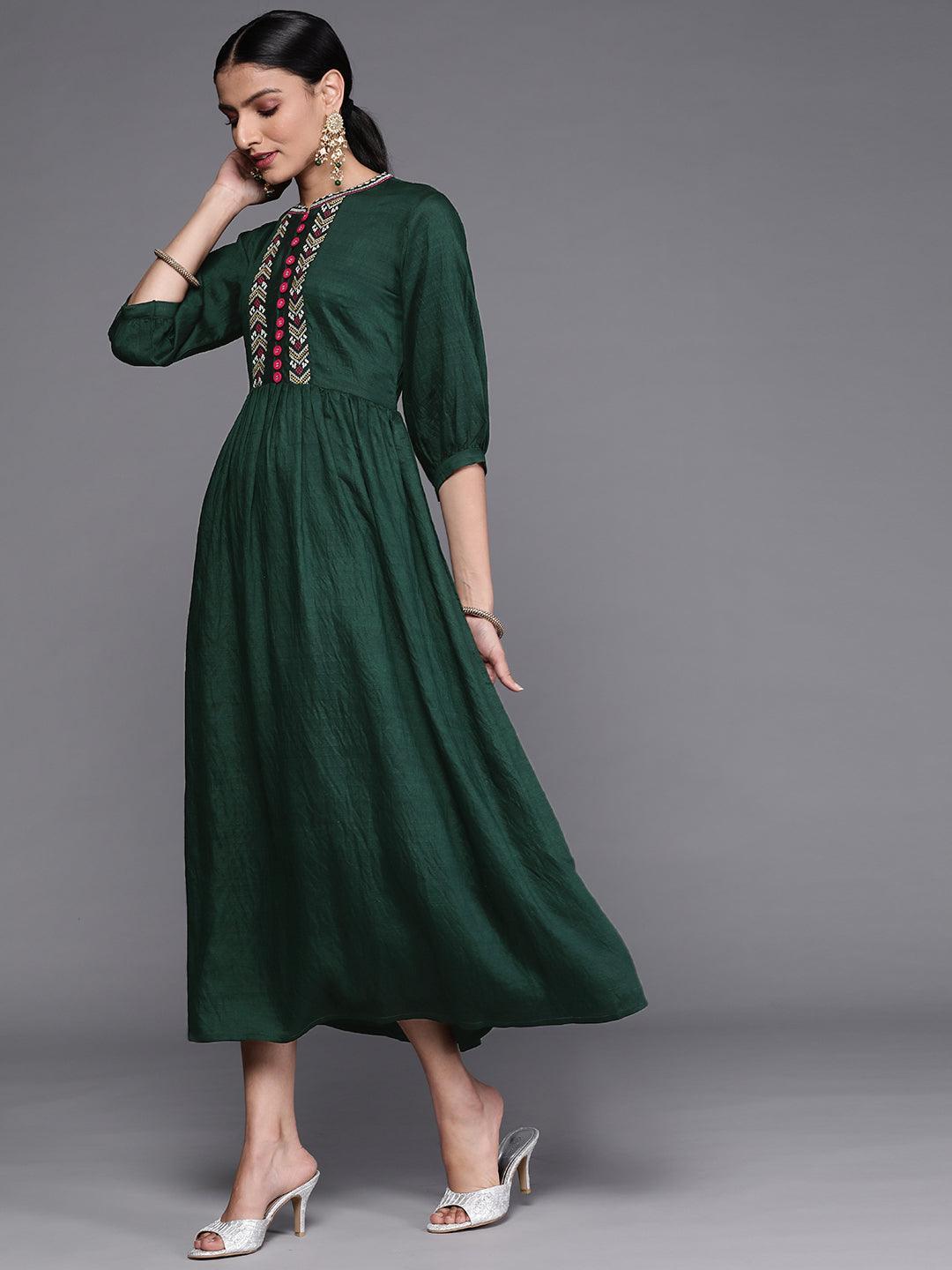 Green Embroidered Viscose Rayon Dress