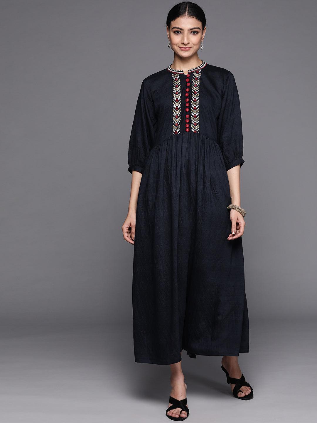 Navy Blue Embroidered Viscose Rayon Dress - ShopLibas