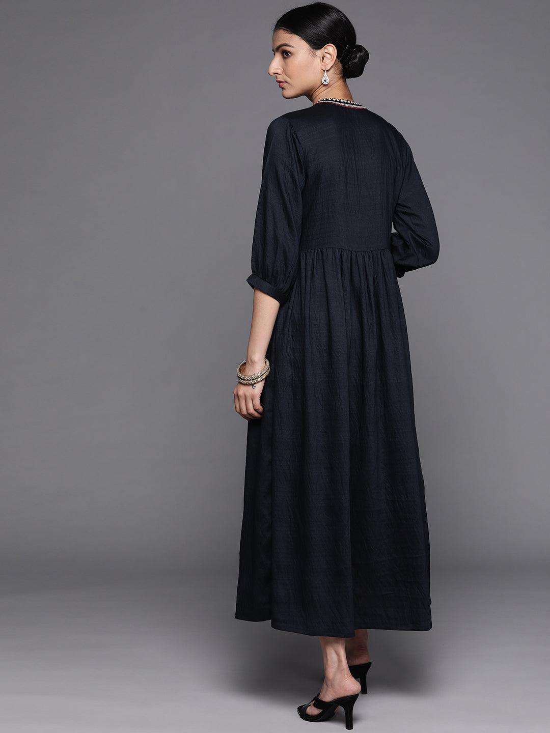 Navy Blue Embroidered Viscose Rayon Dress