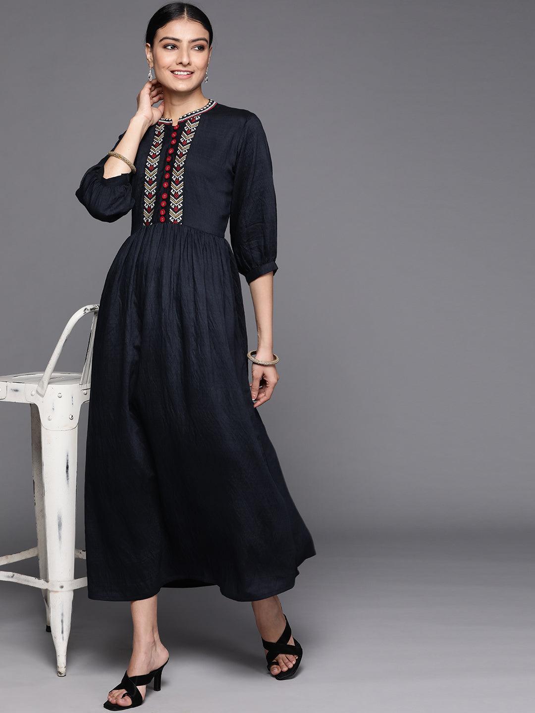 Navy Blue Embroidered Viscose Rayon Dress