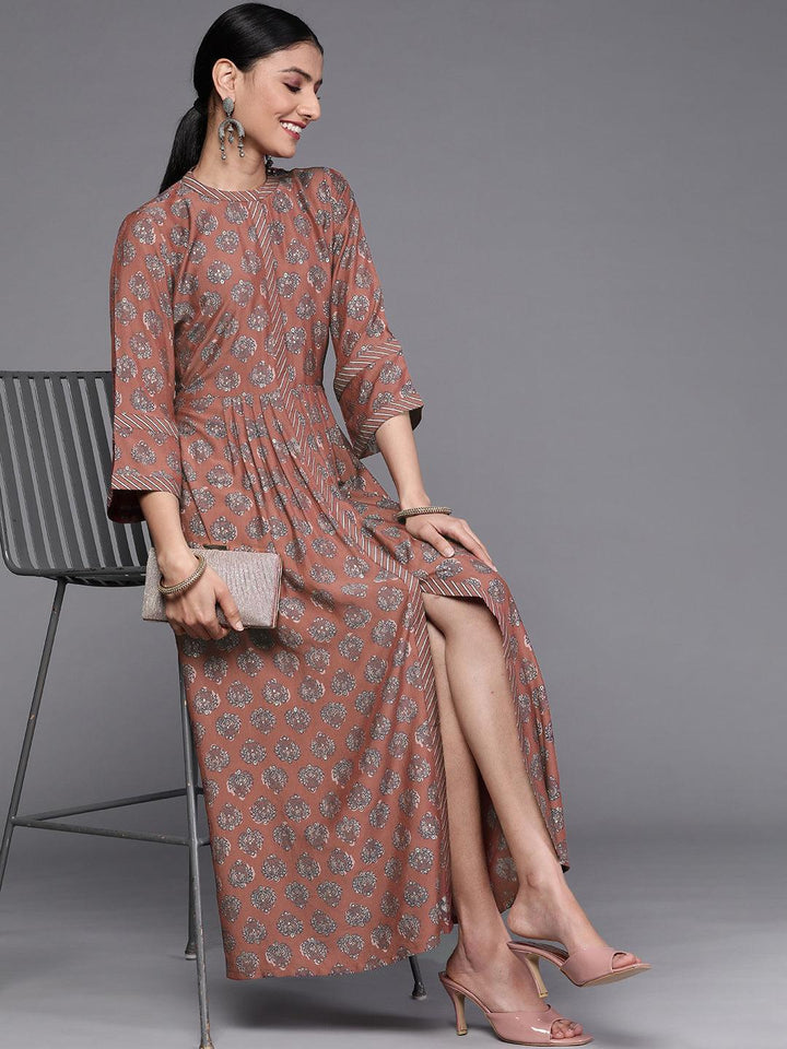 Rust Printed Silk Dress - ShopLibas