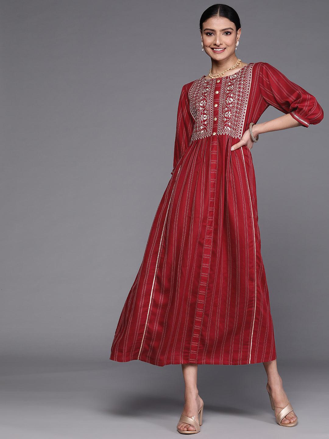 Maroon Embroidered Cotton Dress