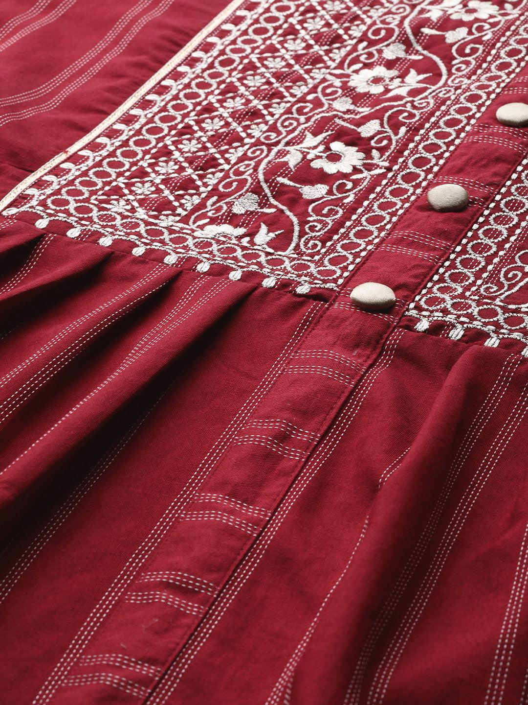 Maroon Embroidered Cotton Dress