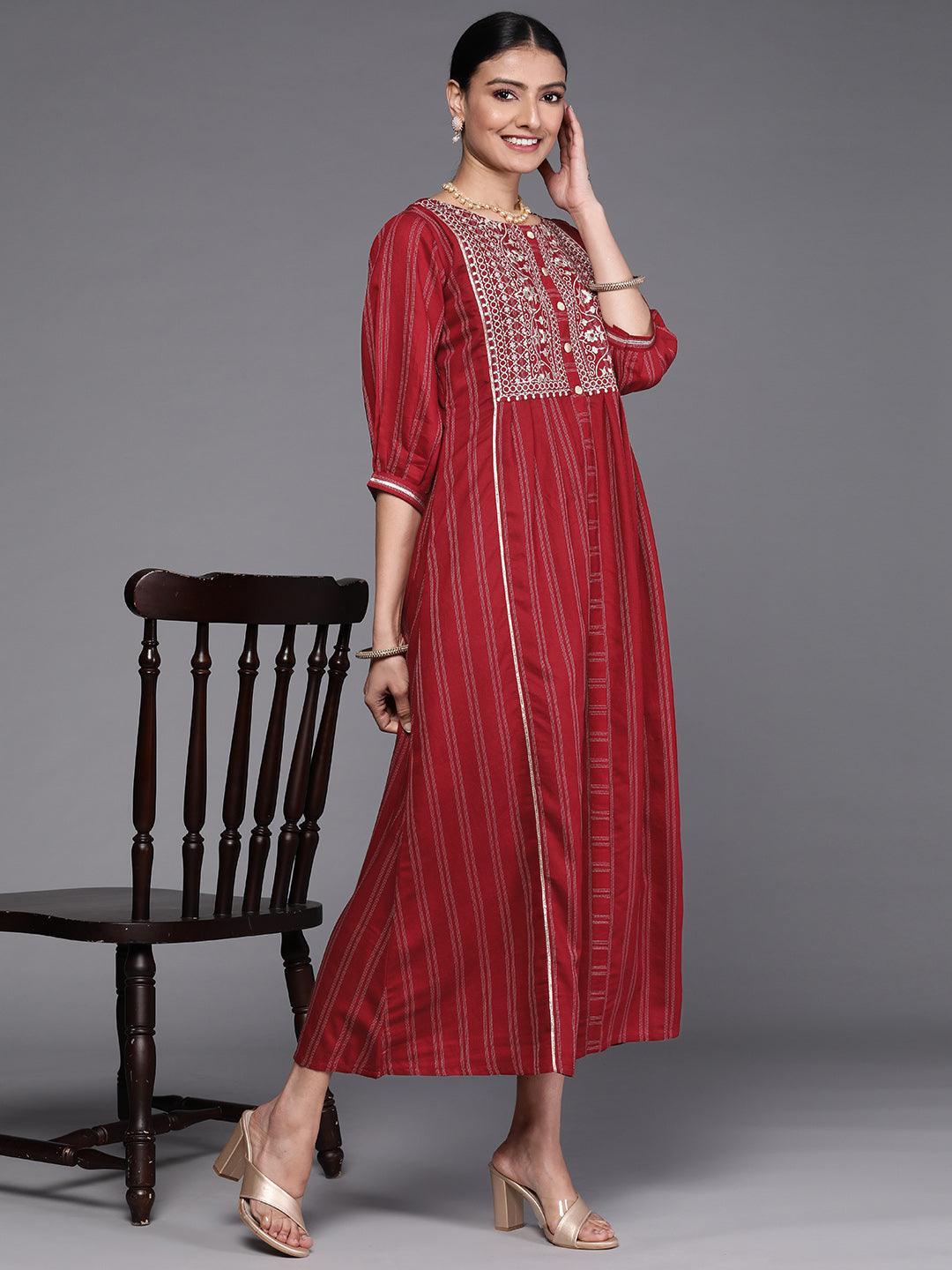 Maroon Embroidered Cotton Dress