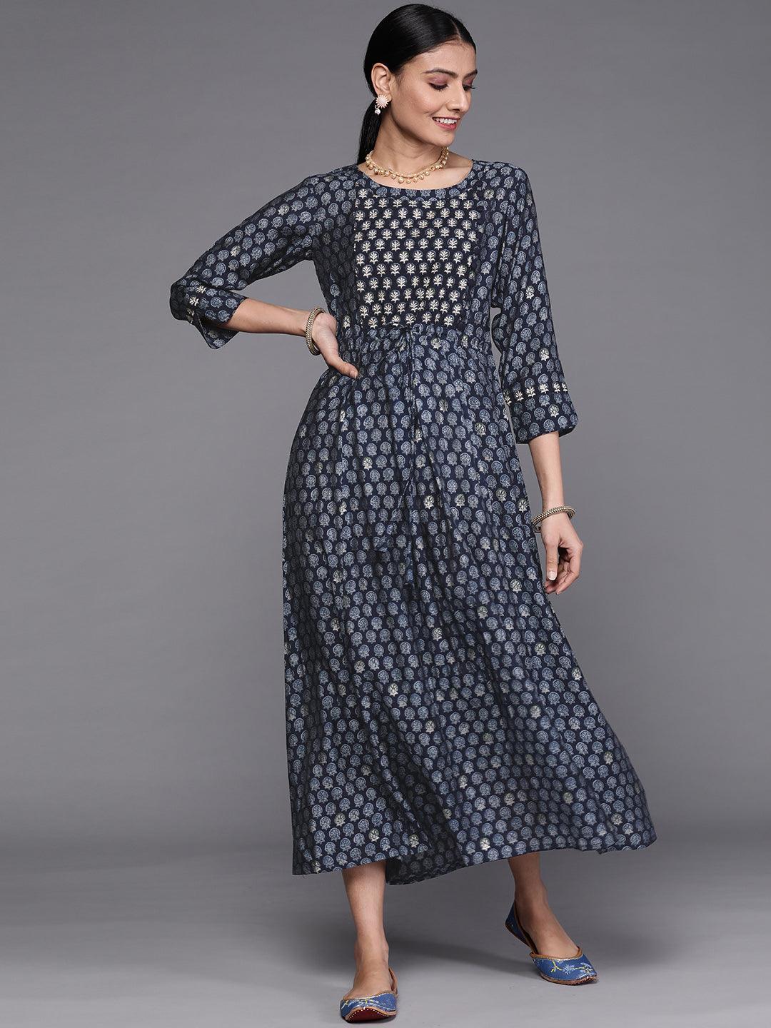 Navy Blue Printed Cotton Dress