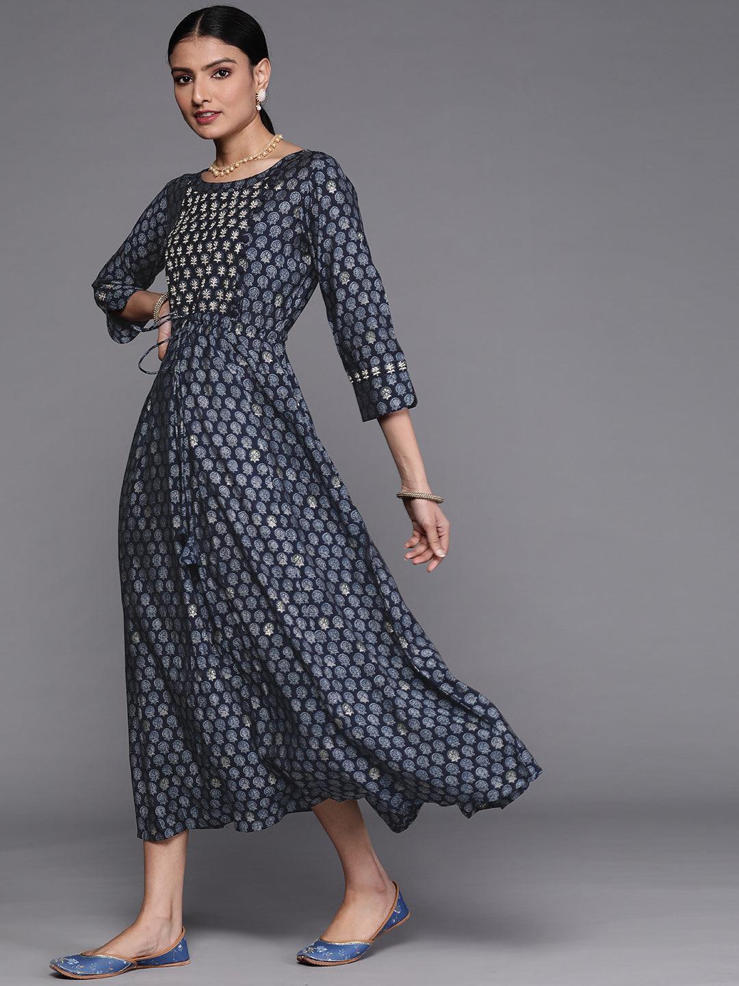 Navy Blue Printed Cotton Dress