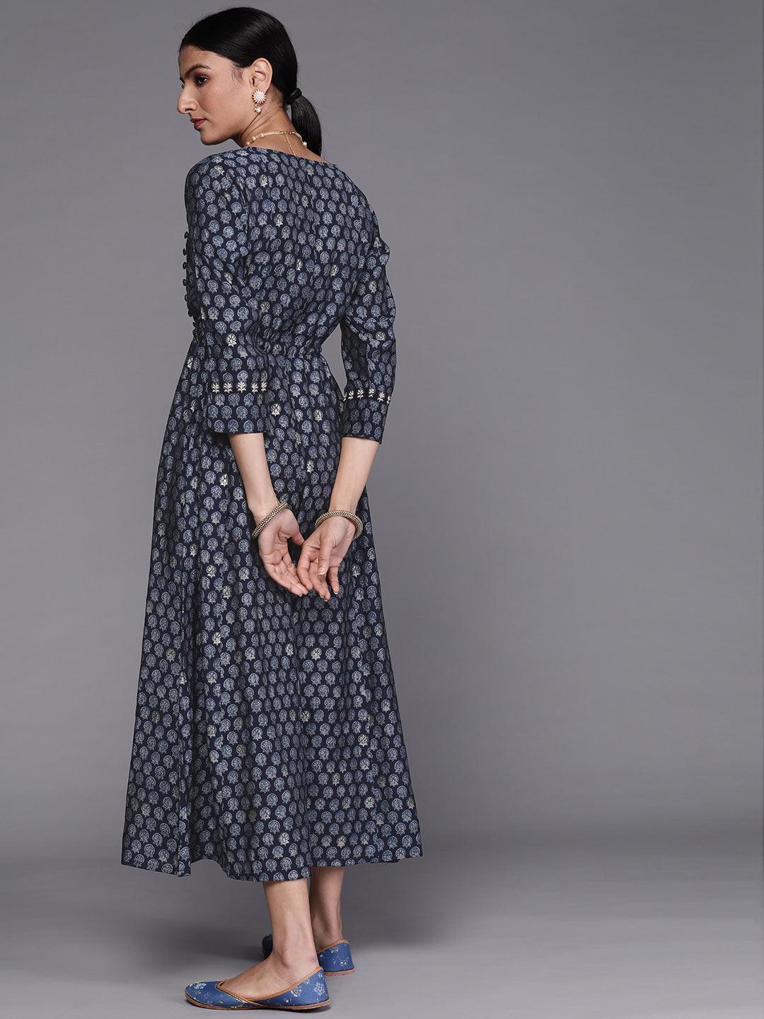 Navy Blue Printed Cotton Dress