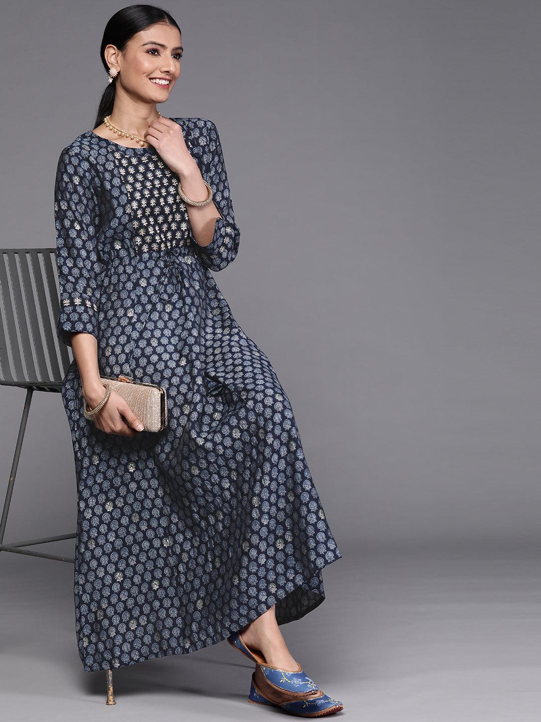 Navy Blue Printed Cotton Dress