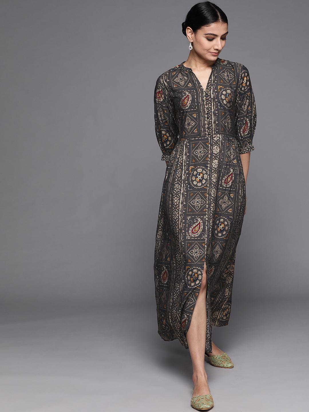 Grey Printed Silk Dress - ShopLibas