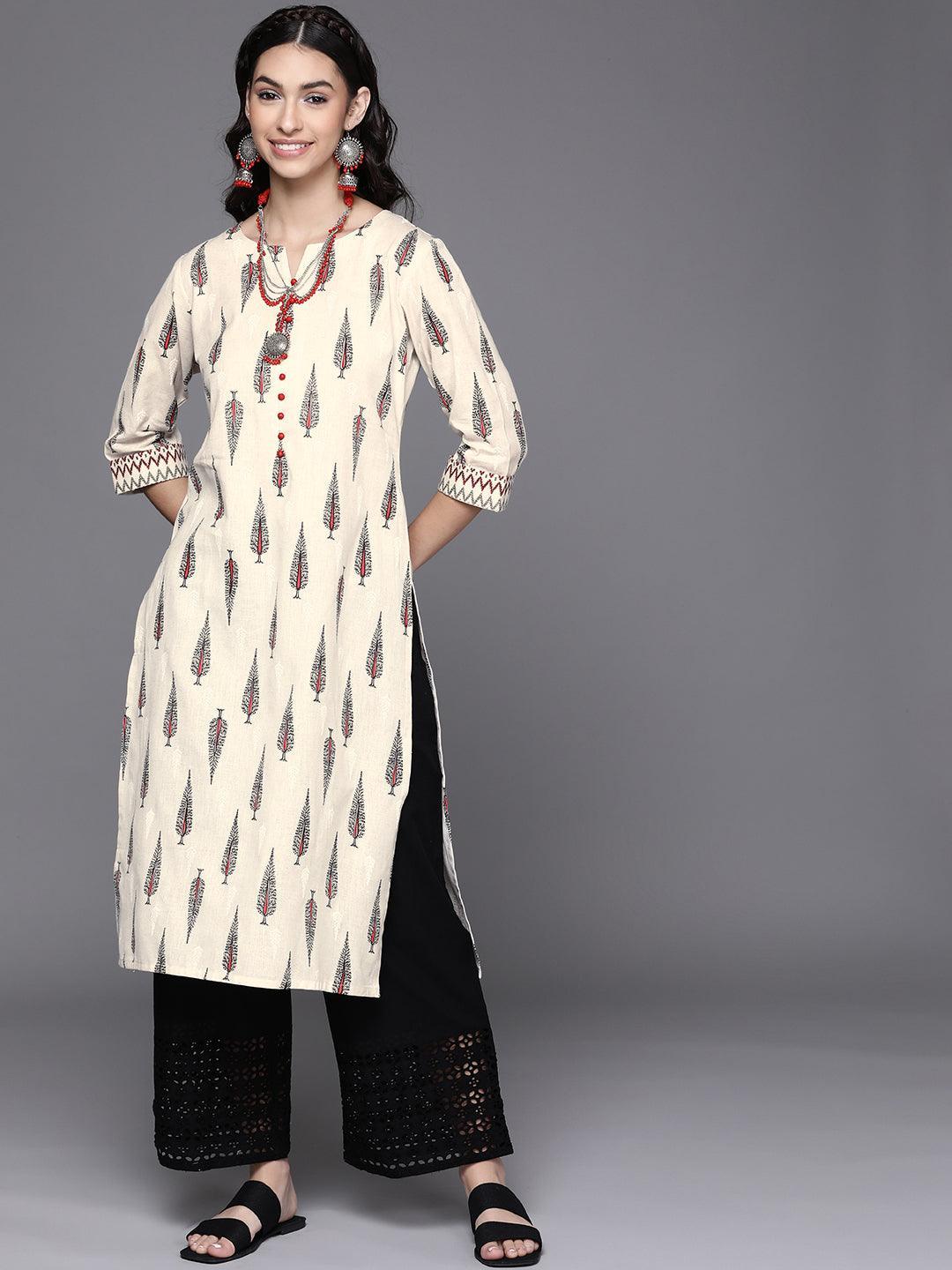 Off White Printed Cotton Kurta - ShopLibas