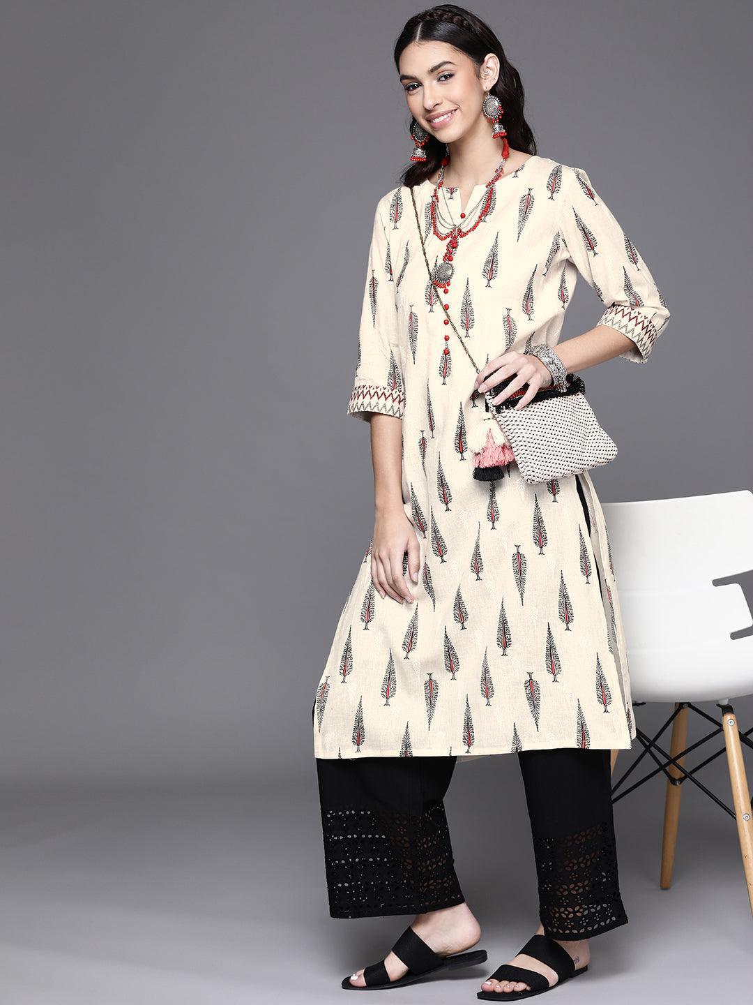 Off White Printed Cotton Kurta