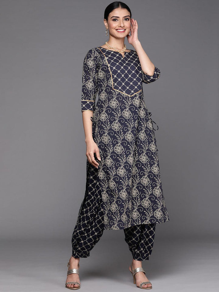 Navy Blue Printed Cotton Kurta - ShopLibas