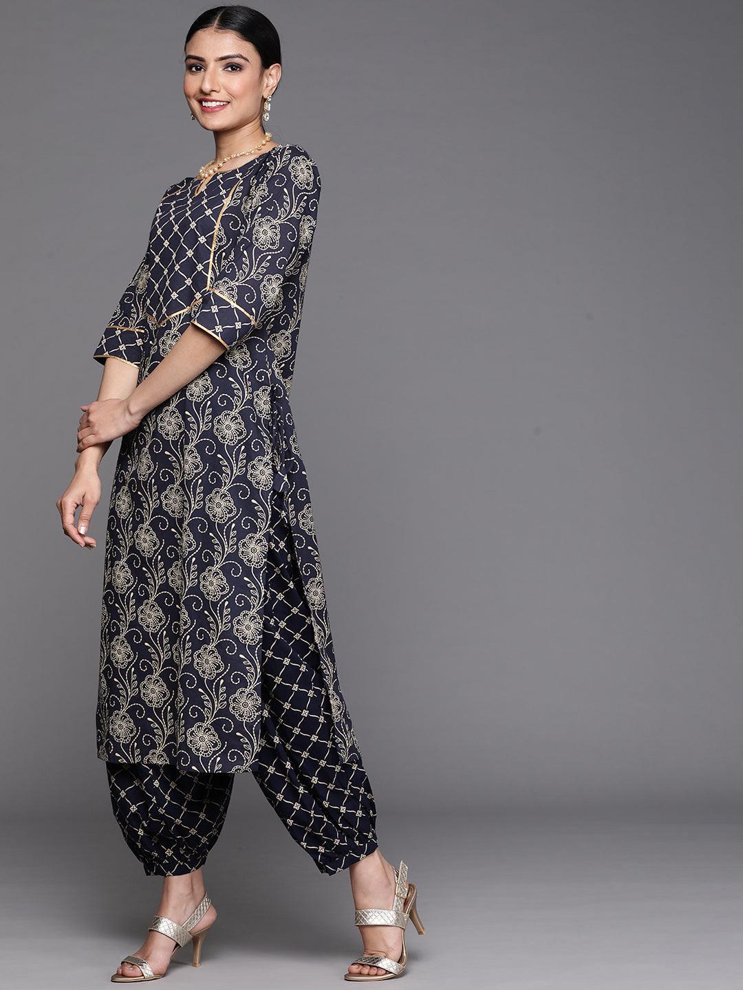 Navy Blue Printed Cotton Kurta - ShopLibas