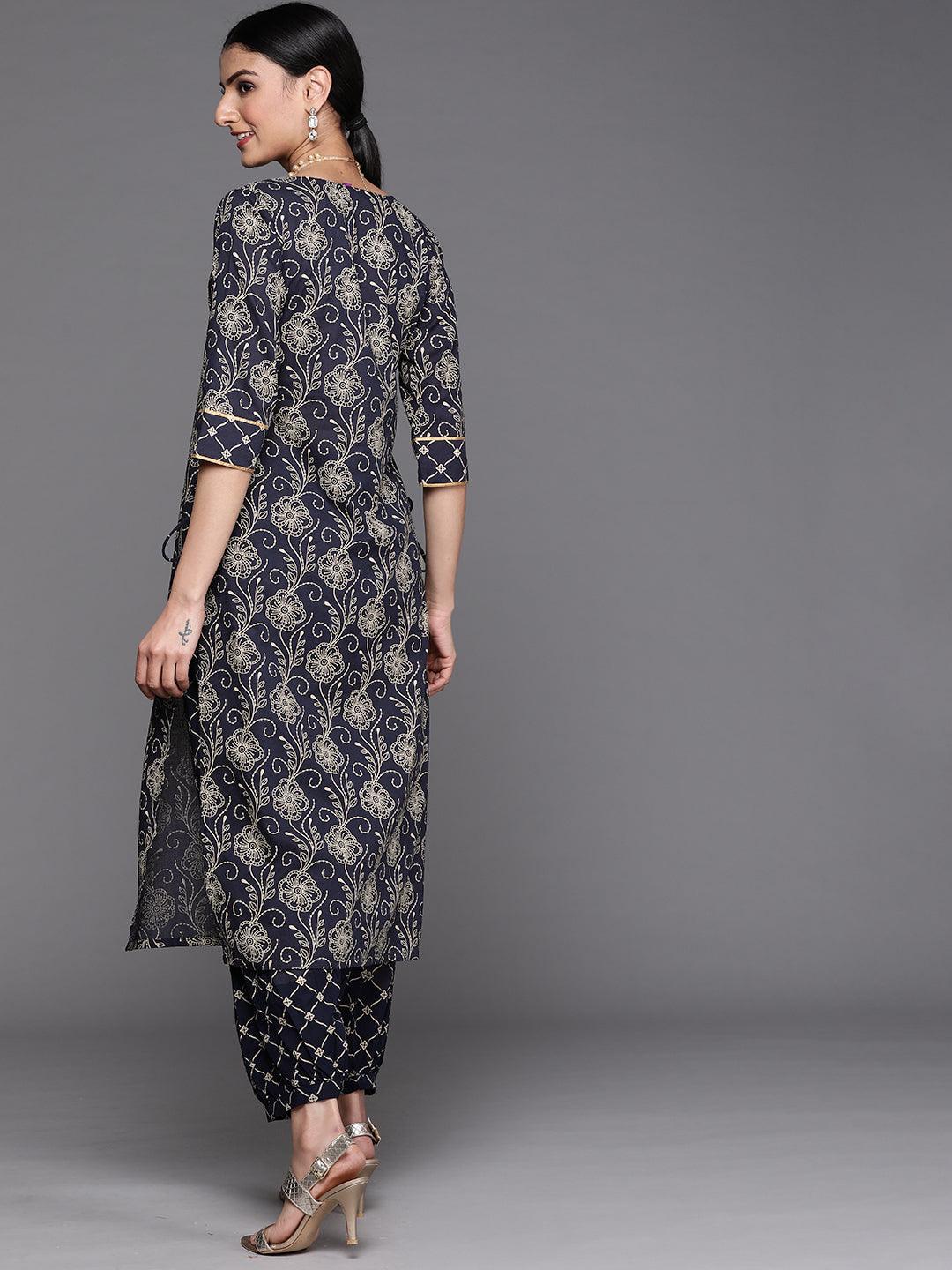 Navy Blue Printed Cotton Kurta - ShopLibas