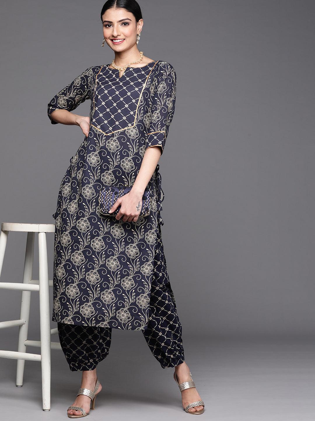 Navy Blue Printed Cotton Kurta - ShopLibas