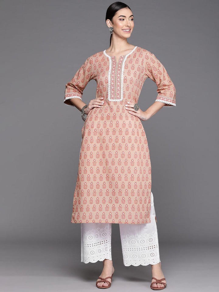 Peach Printed Cotton Kurta - ShopLibas