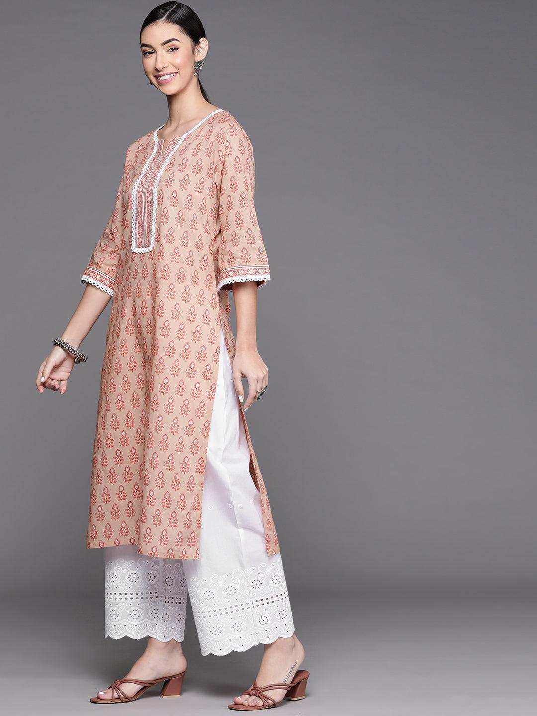 Peach Printed Cotton Kurta - ShopLibas