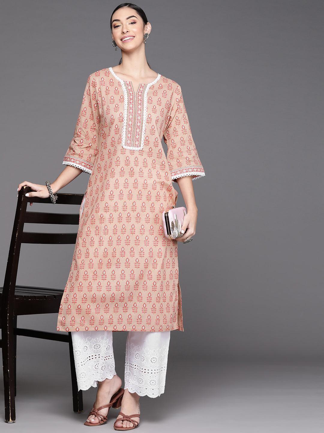 Peach Printed Cotton Kurta - ShopLibas