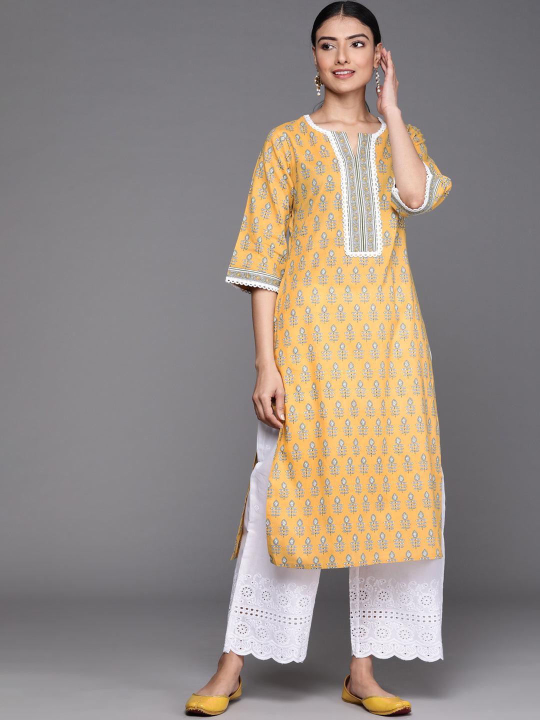 Yellow Printed Cotton Kurta