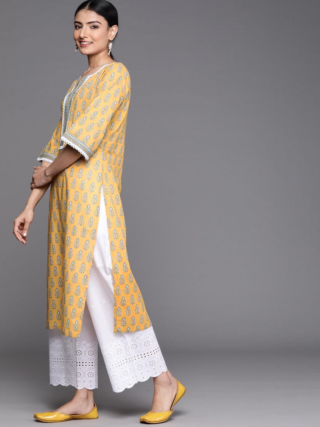 Yellow Printed Cotton Kurta