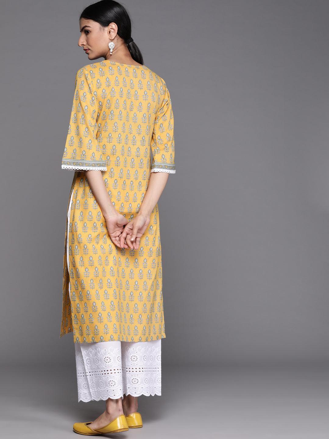 Yellow Printed Cotton Kurta