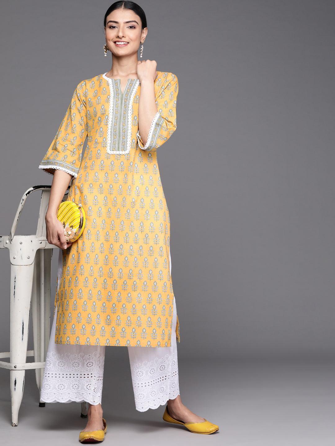 Yellow Printed Cotton Kurta