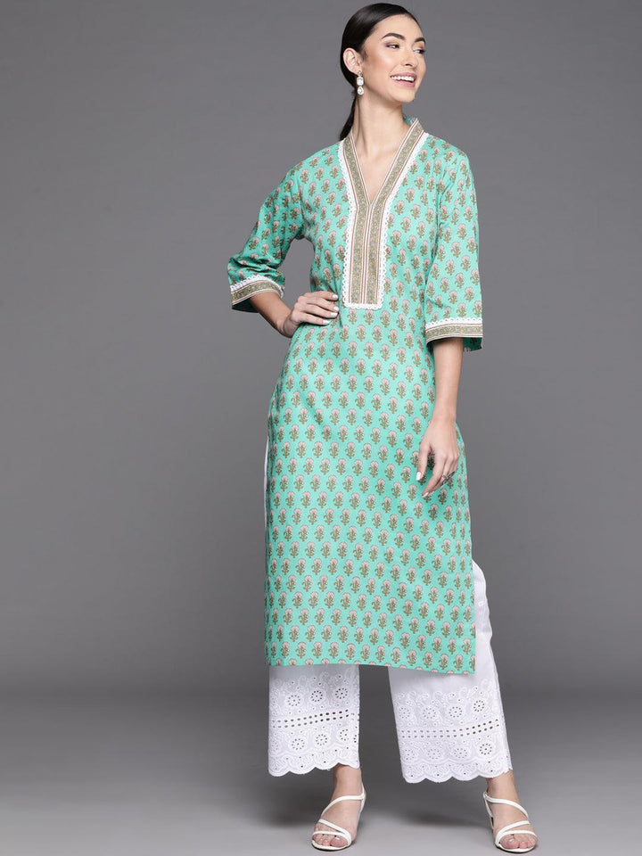 Sea Green Printed Cotton Kurta - ShopLibas