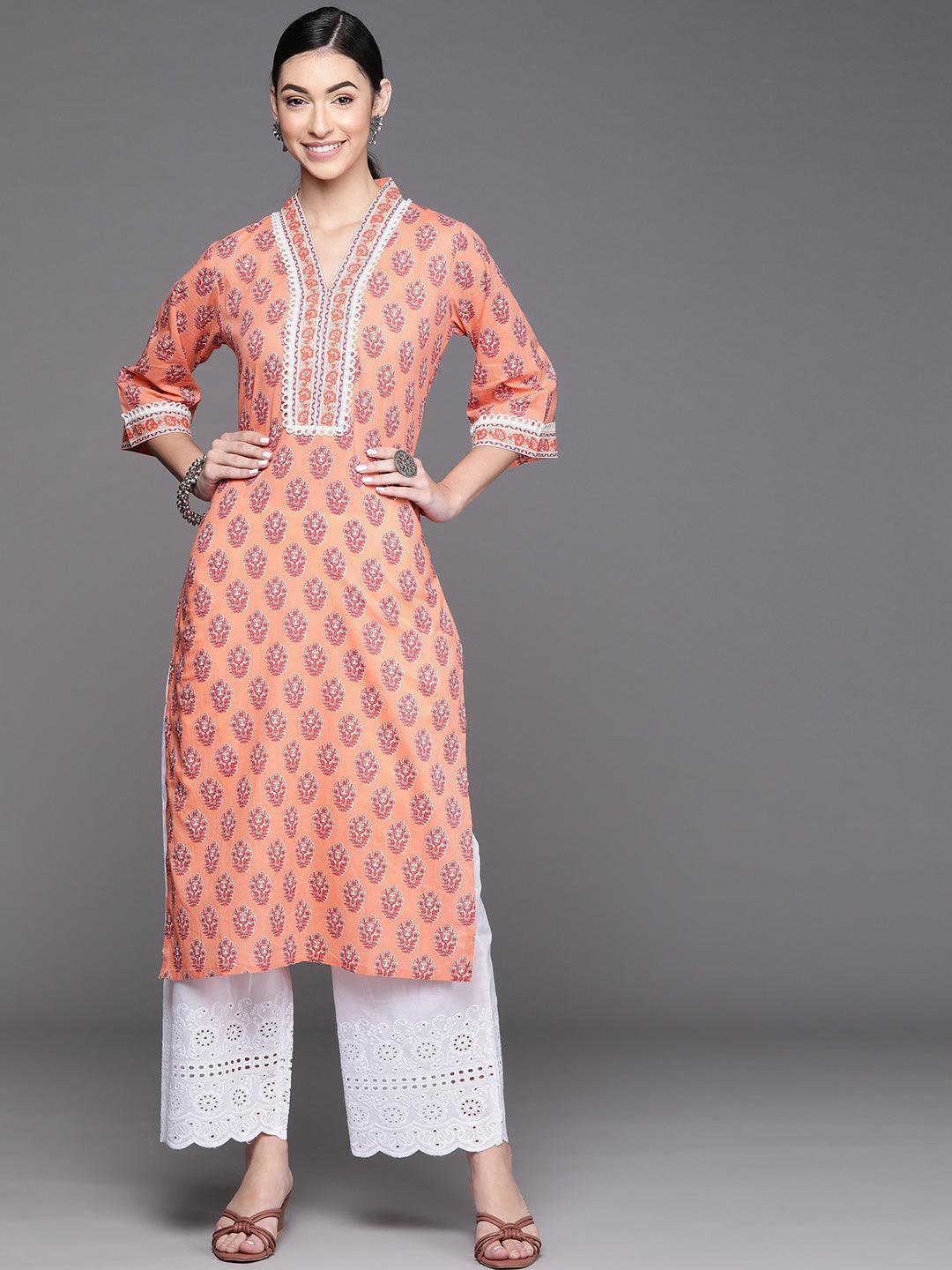 Peach Printed Cotton Kurta - ShopLibas